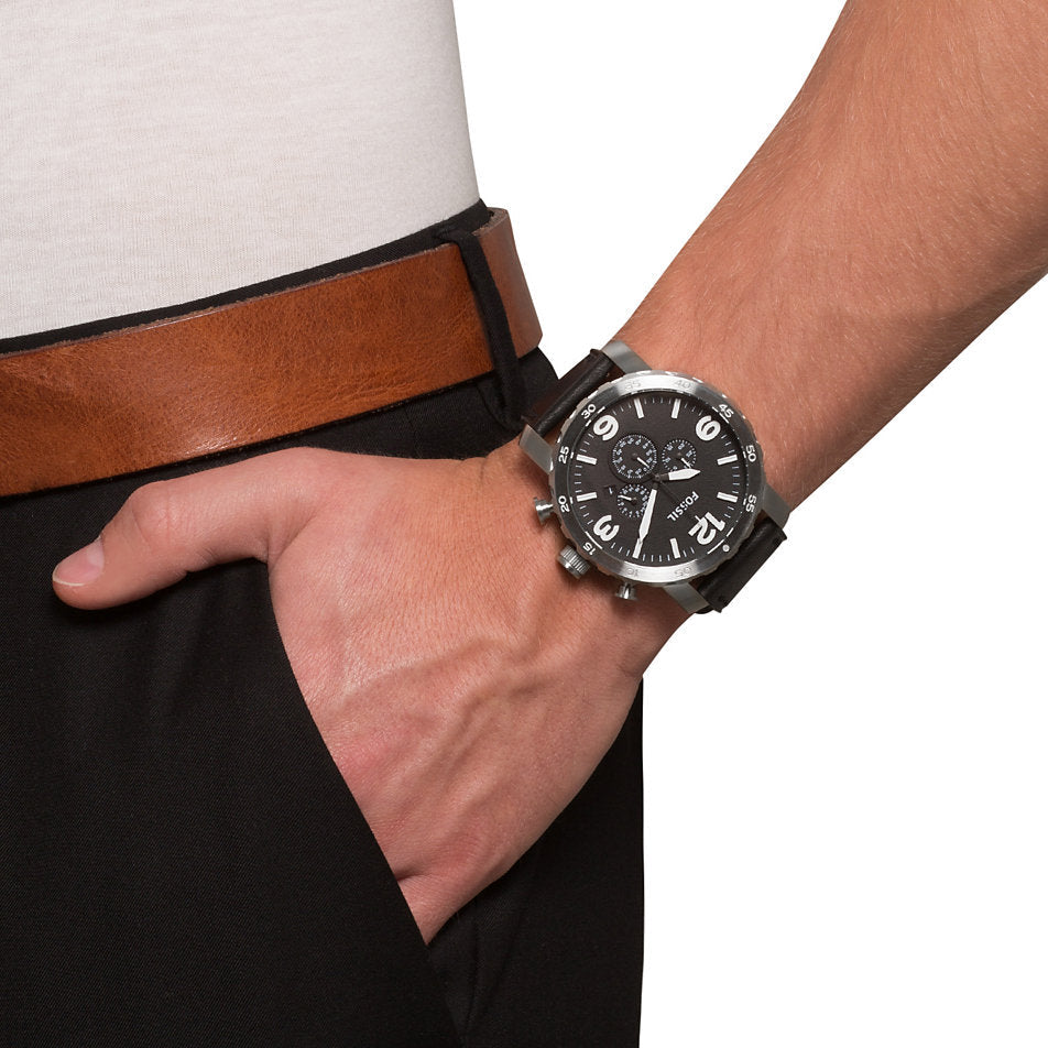Fossil Nate Chronograph Black Dial Black Leather Strap Watch for Men - JR1436 Buy Now By Fossil