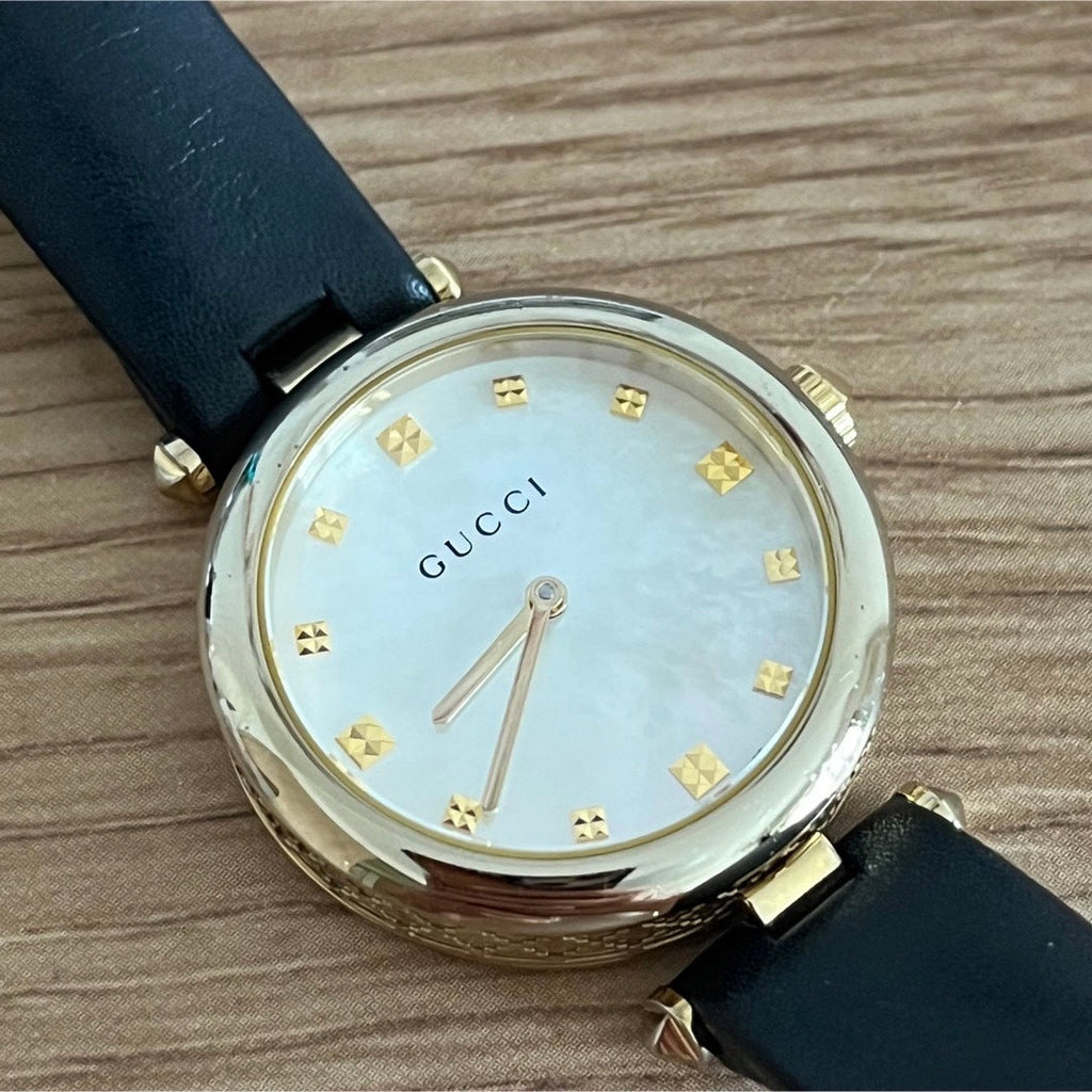 Gucci Diamantissima Quartz Mother of Pearl Dial Black Leather Strap Watch for Women - YA141404 Buy Now By Gucci