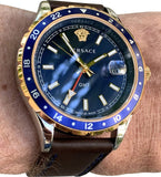 Versace Hellenyium GMT Blue Dial Brown Leather Strap Watch for Men - V11080017 Buy Now By Versace
