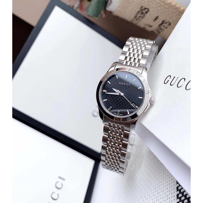 Gucci G Timeless Black Dial Silver Steel Strap Watch For Women - YA126502 Buy Now By Gucci