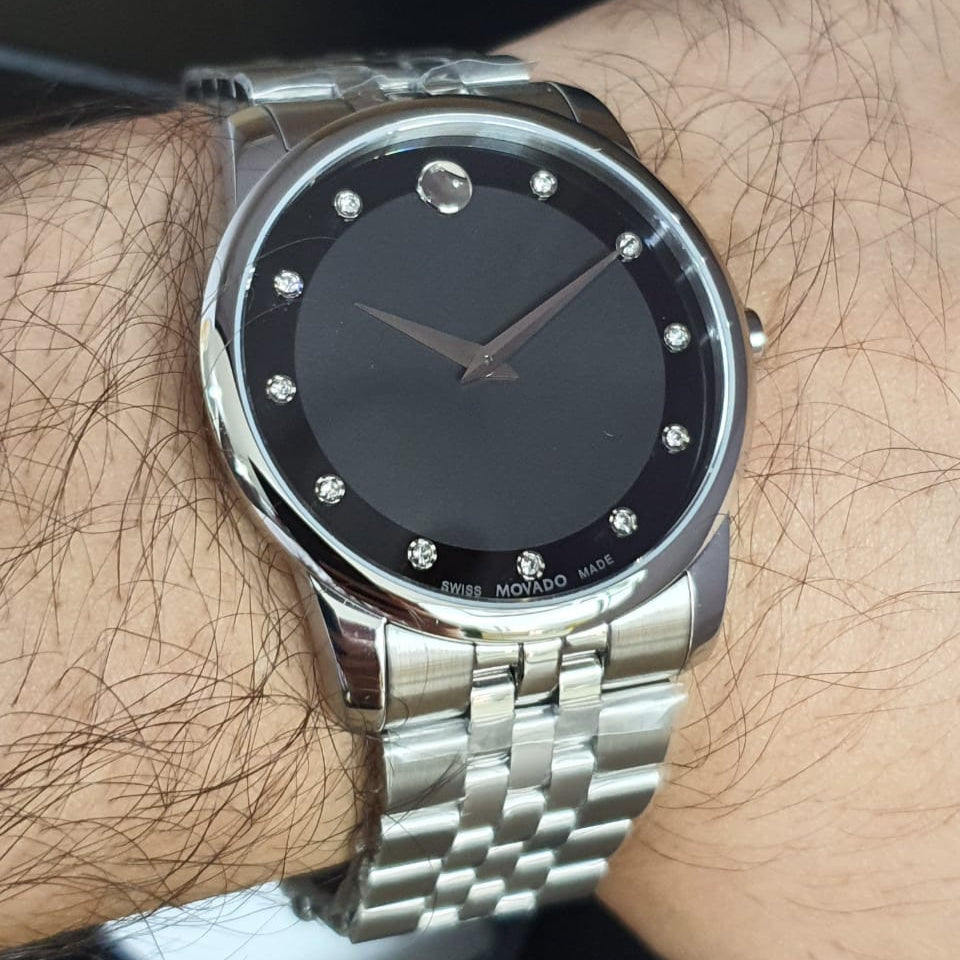 Movado Museum Diamonds Black Dial Silver Steel Strap Watch For Men - 606878 Buy Now By Movado