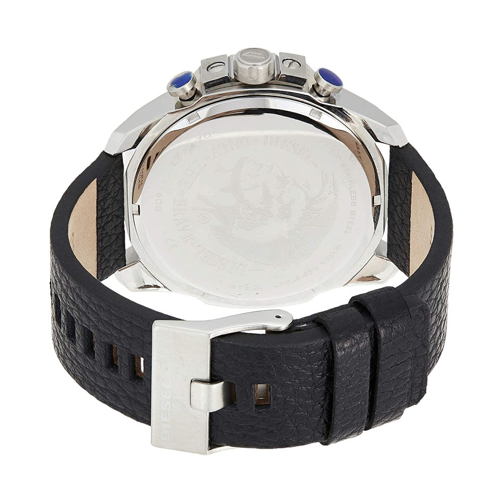 Diesel Mega Chief Chronograph Blue Dial Black Leather Strap Watch For Men - DZ4423 Buy Now By Diesel