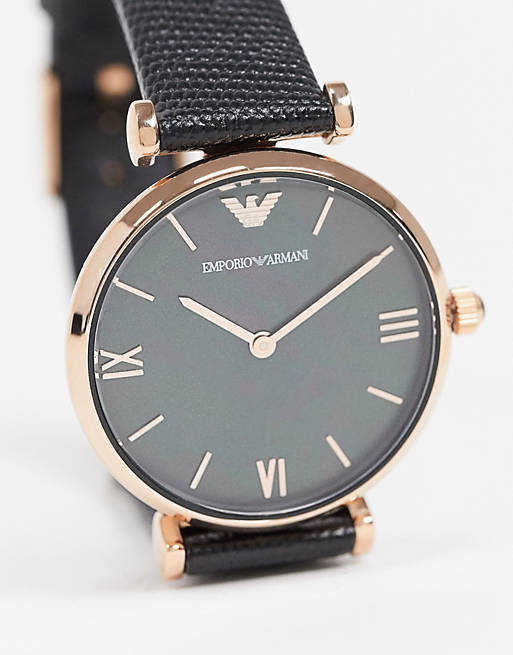 Emporio Armani Gianni T Bar Black Mother of Pearl Dial Black Leather Strap Watch For Women - AR11060 Buy Now By Emporio Armani