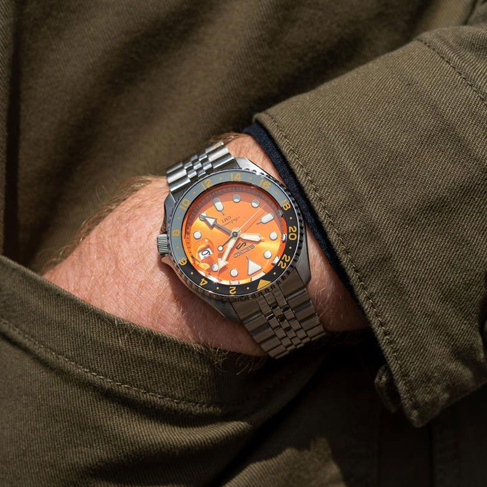 Seiko 5 Sports GMT Automatic Orange Dial Silver Steel Strap Watch For Men - SSK005K1 Buy Now By Seiko