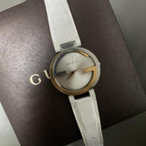 Gucci Interlocking 18K Gold Silver Dial White Leather Strap Watch For Women - YA133303 Buy Now By Gucci