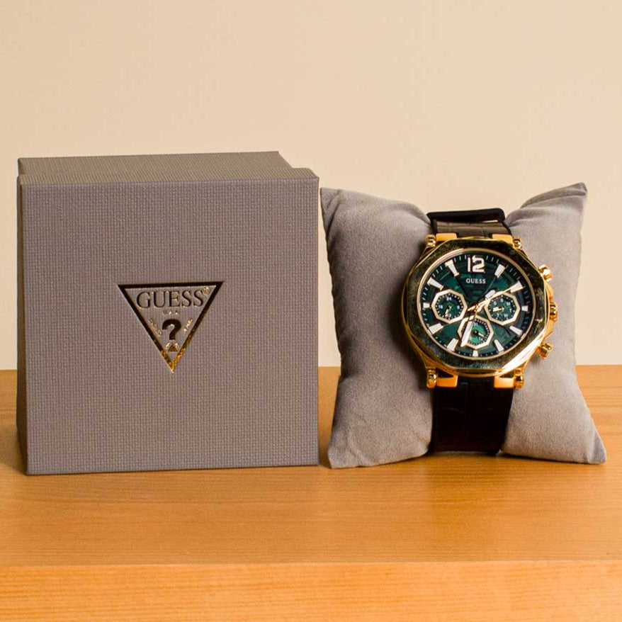 Guess Edge Chronograph Green Dial Black Leather Strap Watch For Men - GW0492G3 Buy Now By Guess