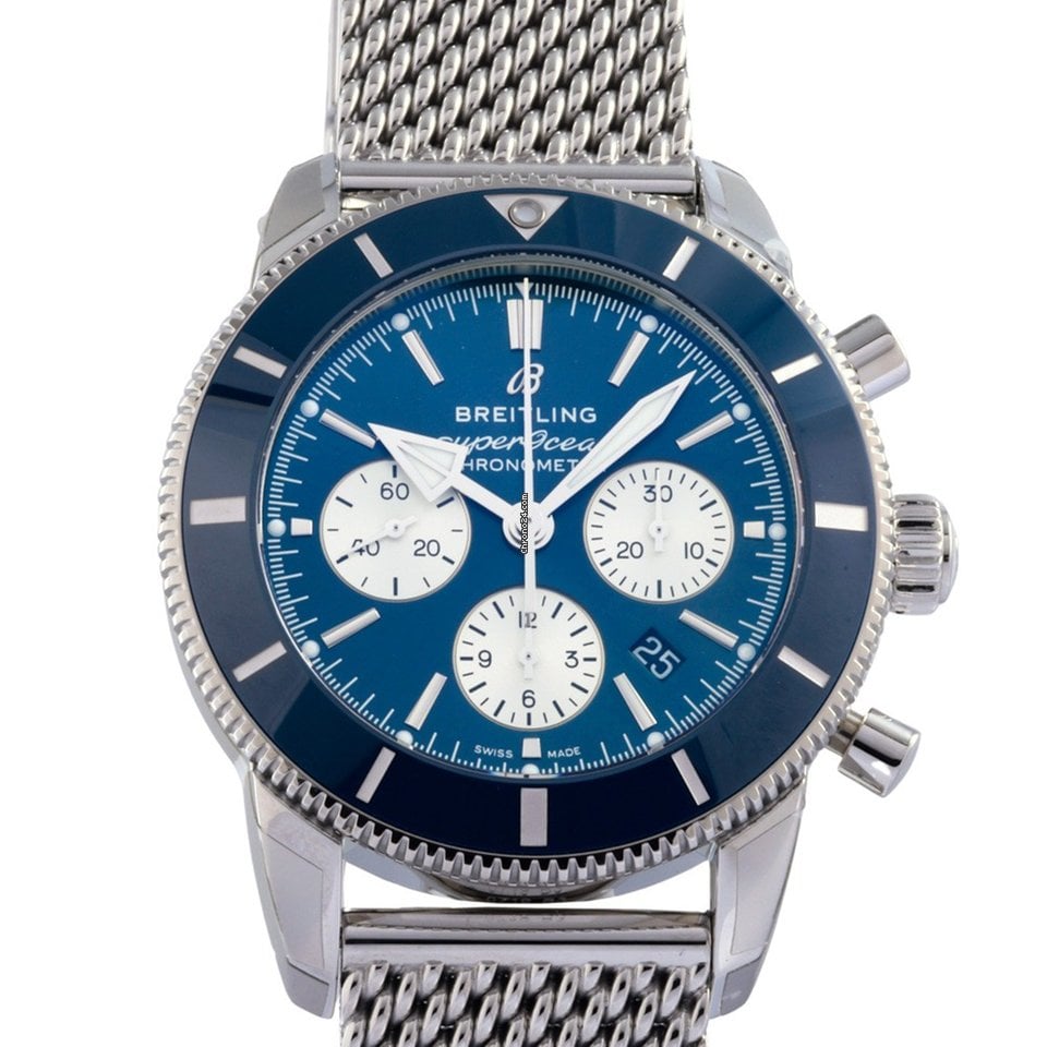 Breitling Superocean Heritage B01 Chronograph 44 Blue Dial Silver Mesh Bracelet Watch for Men - AB0162161C1A1 Buy Now By Breitling