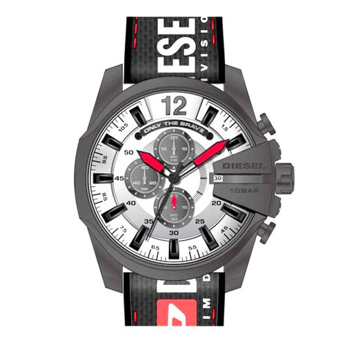 Diesel Mega Chief Chronograph Silver Dial Black Leather Strap Watch For Men - DZ4512 Buy Now By Diesel
