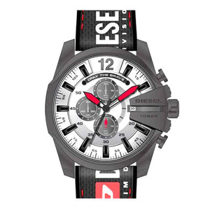 Diesel Mega Chief Chronograph Silver Dial Black Leather Strap Watch For Men - DZ4512 Buy Now By Diesel
