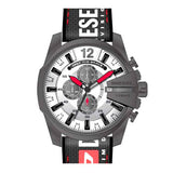 Diesel Mega Chief Chronograph Silver Dial Black Leather Strap Watch For Men - DZ4512 Buy Now By Diesel