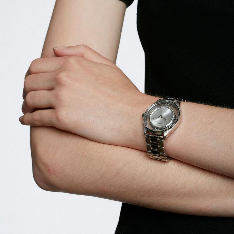 Marc Jacobs Tether Transparent Silver Dial Silver Steel Strap Watch for Women - MBM3412 Buy Now By Marc Jacobs