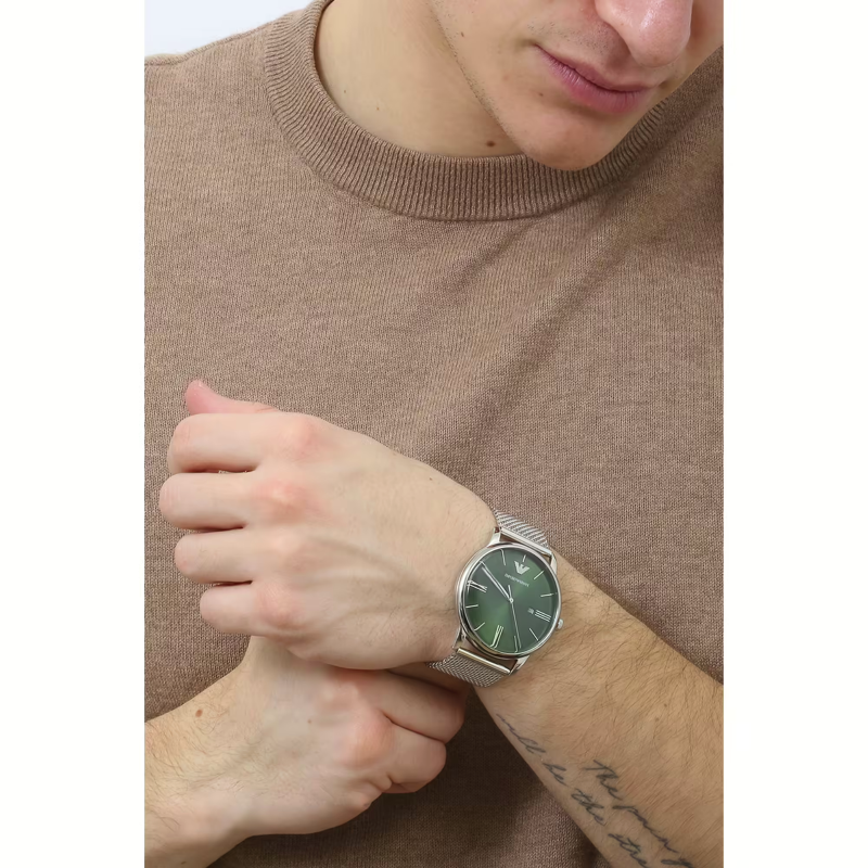 Emporio Armani Minimalist Quartz Green Dial Silver Mesh Bracelet Watch For Men - AR11578 Buy Now By Emporio Armani