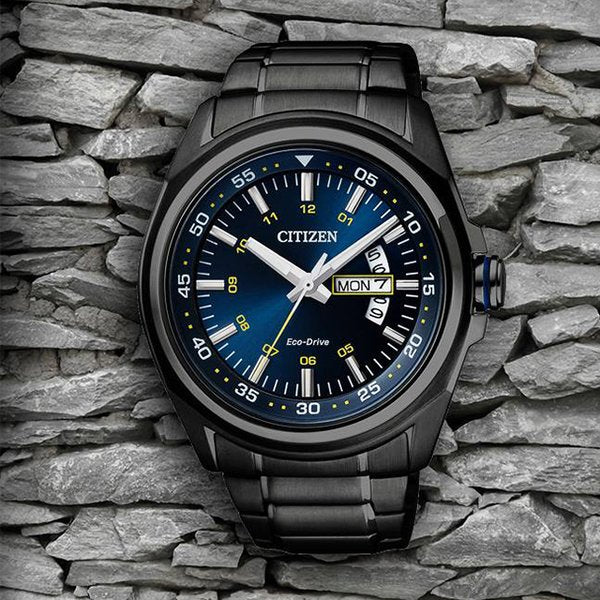 Citizen Eco Drive Blue Dial Black Steel Strap Watch For Men - AW0024-58LB Buy Now By Citizen