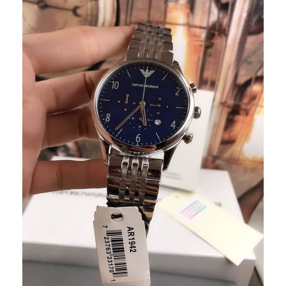 Emporio Armani Chronograph Blue Dial Silver Steel Strap Watch For Men - AR1942 Buy Now By Emporio Armani