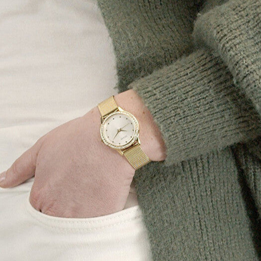 Guess Chelsea Crystals Mother of Pearl White Dial Gold Mesh Bracelet Watch For Women - W0647L7 Buy Now By Guess