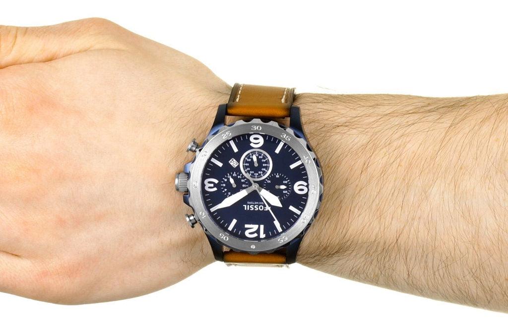Fossil Nate Chronograph Navy Blue Dial Brown Leather Strap Watch for Men - JR1504