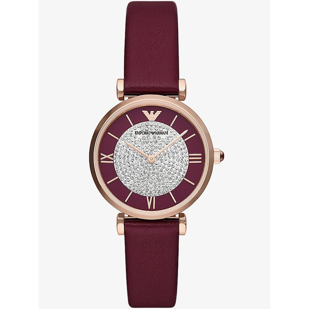 Emporio Armani Gianni T Bar Crystals Maroon Dial Maroon Leather Strap Watch for Women - AR11487 Buy Now By Emporio Armani
