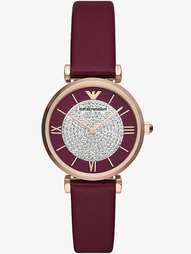 Emporio Armani Gianni T Bar Crystals Maroon Dial Maroon Leather Strap Watch for Women - AR11487 Buy Now By Emporio Armani