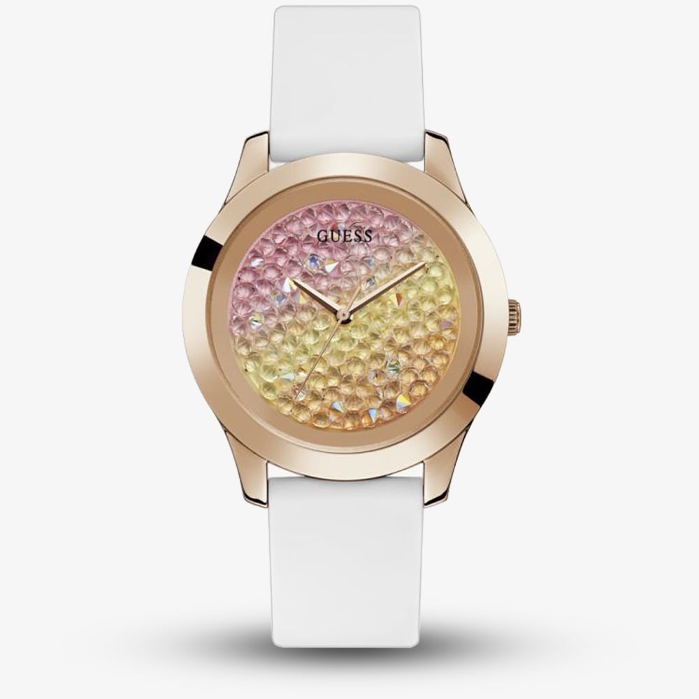 Guess Crush Crystals Gold Dial White Rubber Strap Watch for Women - W1223L3 Buy Now By Guess