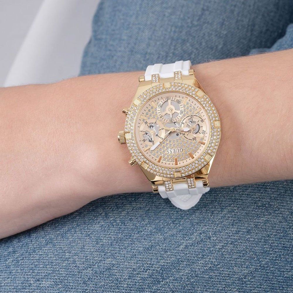 Guess Heiress Diamonds Gold Dial White Rubber Strap Watch for Women - GW0407L2 Buy Now By Guess