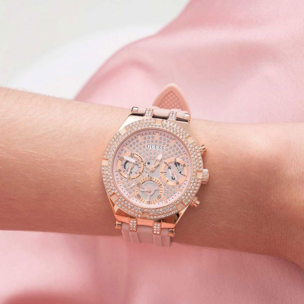 Guess Heiress Diamonds Rose Gold Dial Pink Rubber Strap Watch for Women - GW0407L3 Buy Now By Guess
