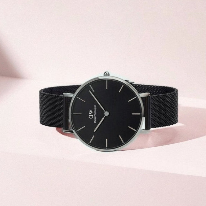 Daniel Wellington Petite Ashfield Black Dial Black Mesh Strap Watch For Women - DW00100202