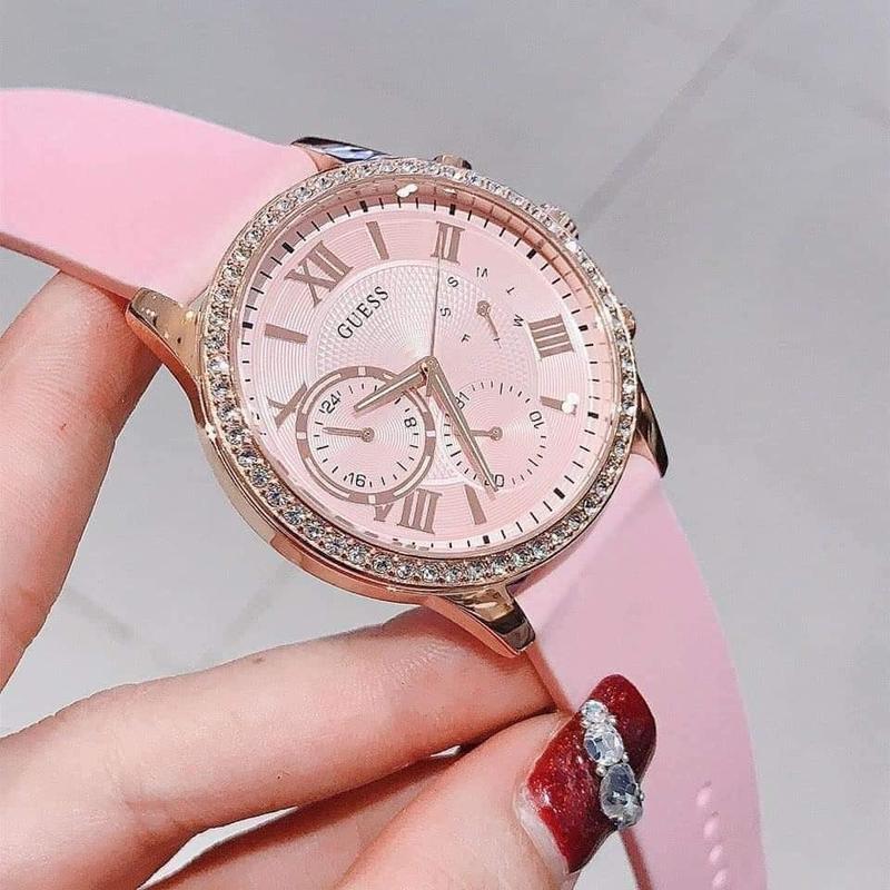 Guess Solar Rose Gold Dial Pink Rubber Strap Watch For Women - W1135L2 Buy Now By Guess