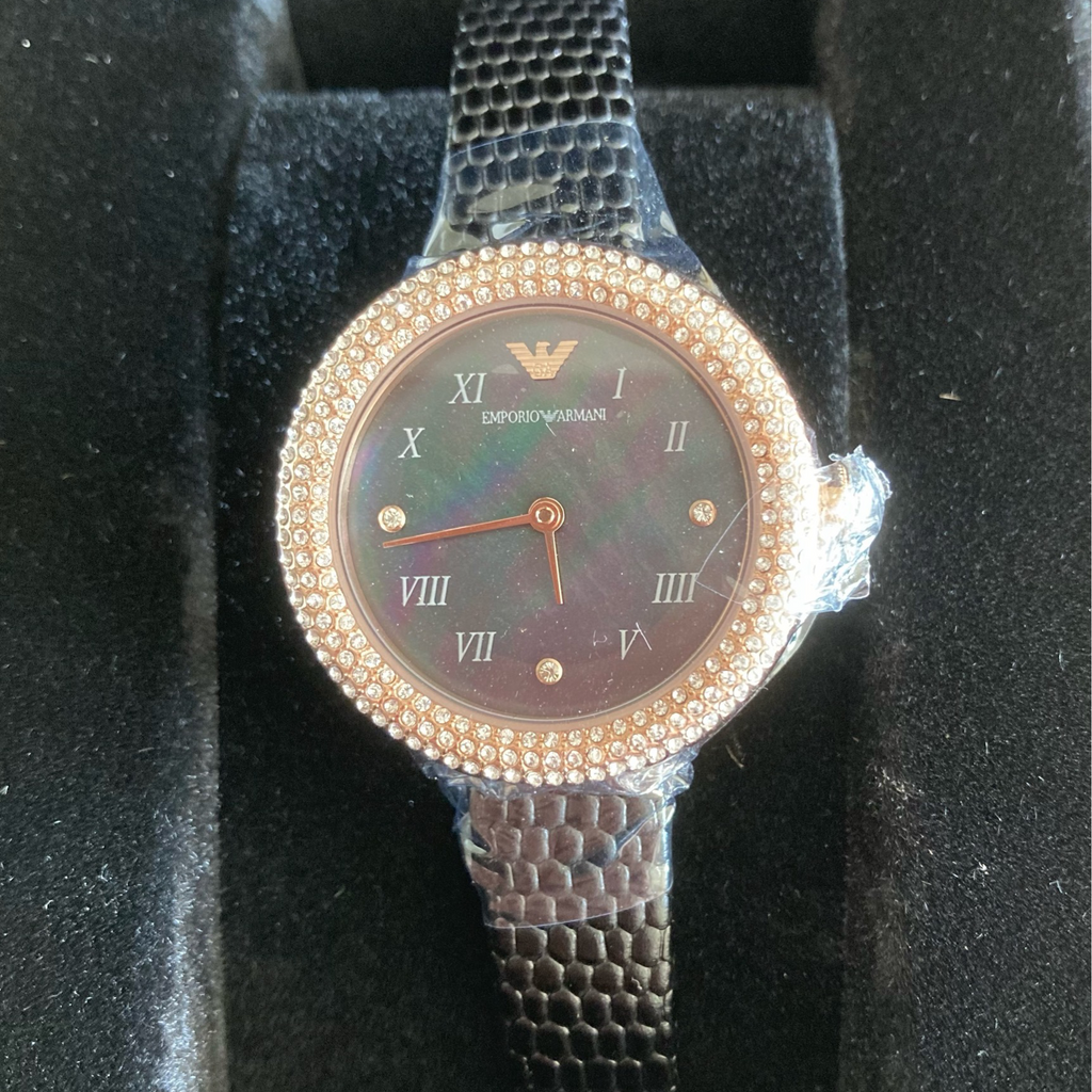 Emporio Armani Aviator Crystals Mother of Pearl Black Dial Black Silicon Strap Watch For Women - AR11373 Buy Now By Emporio Armani