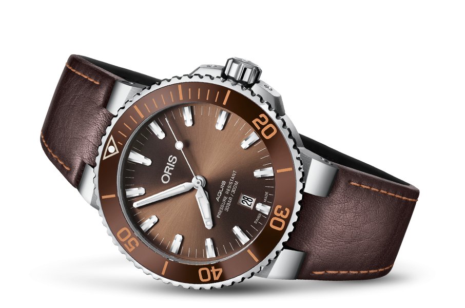 Oris Aquis Date Brown Dial Brown Leather Strap Watch for Men - 0173377304152-0752412EB Buy Now By Oris