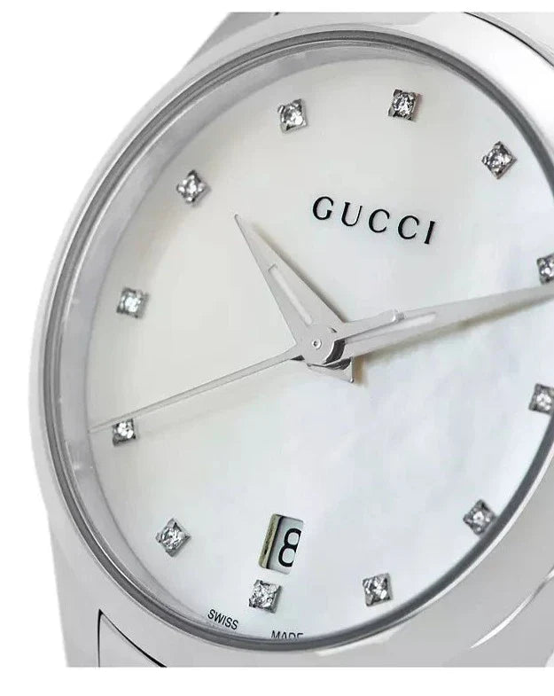 Gucci G Timeless Diamonds Mother of Pearl Dial Silver Steel Strap Watch For Women - YA126542 Buy Now By Gucci