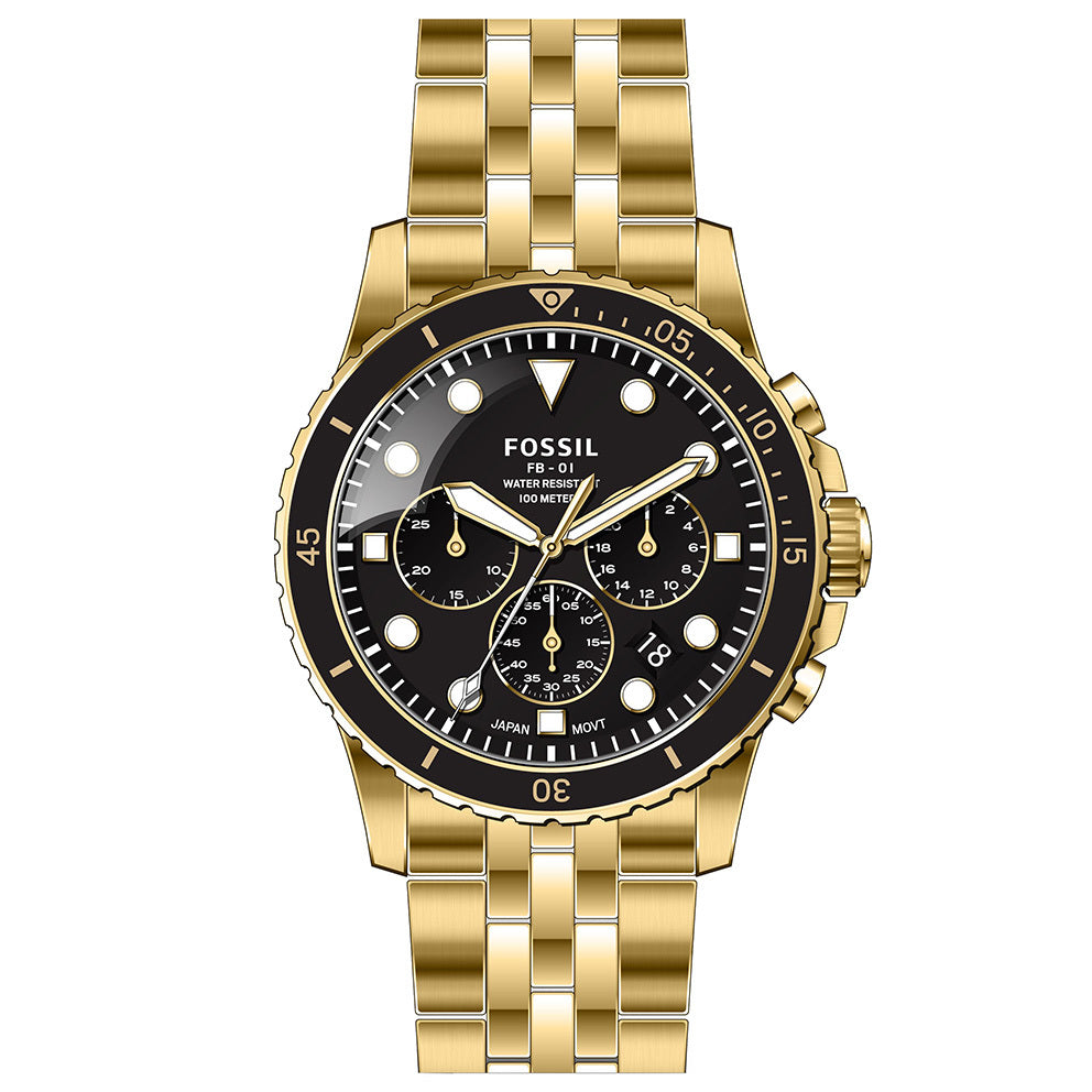 Fossil FB-01 Chronograph Black Dial Gold Steel Strap Watch for Men - FS5836 Buy Now By Fossil
