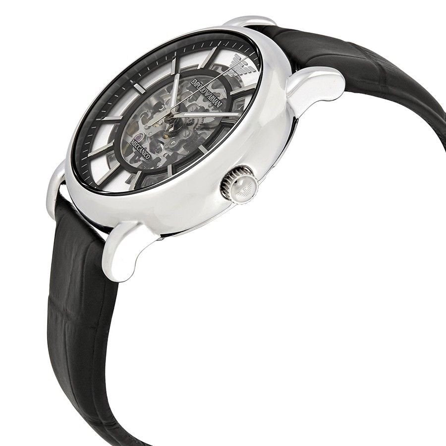 Emporio Armani Luigi Silver Skeleton Dial Black Leather Strap Watch For Men - AR1981 Buy Now By Emporio Armani