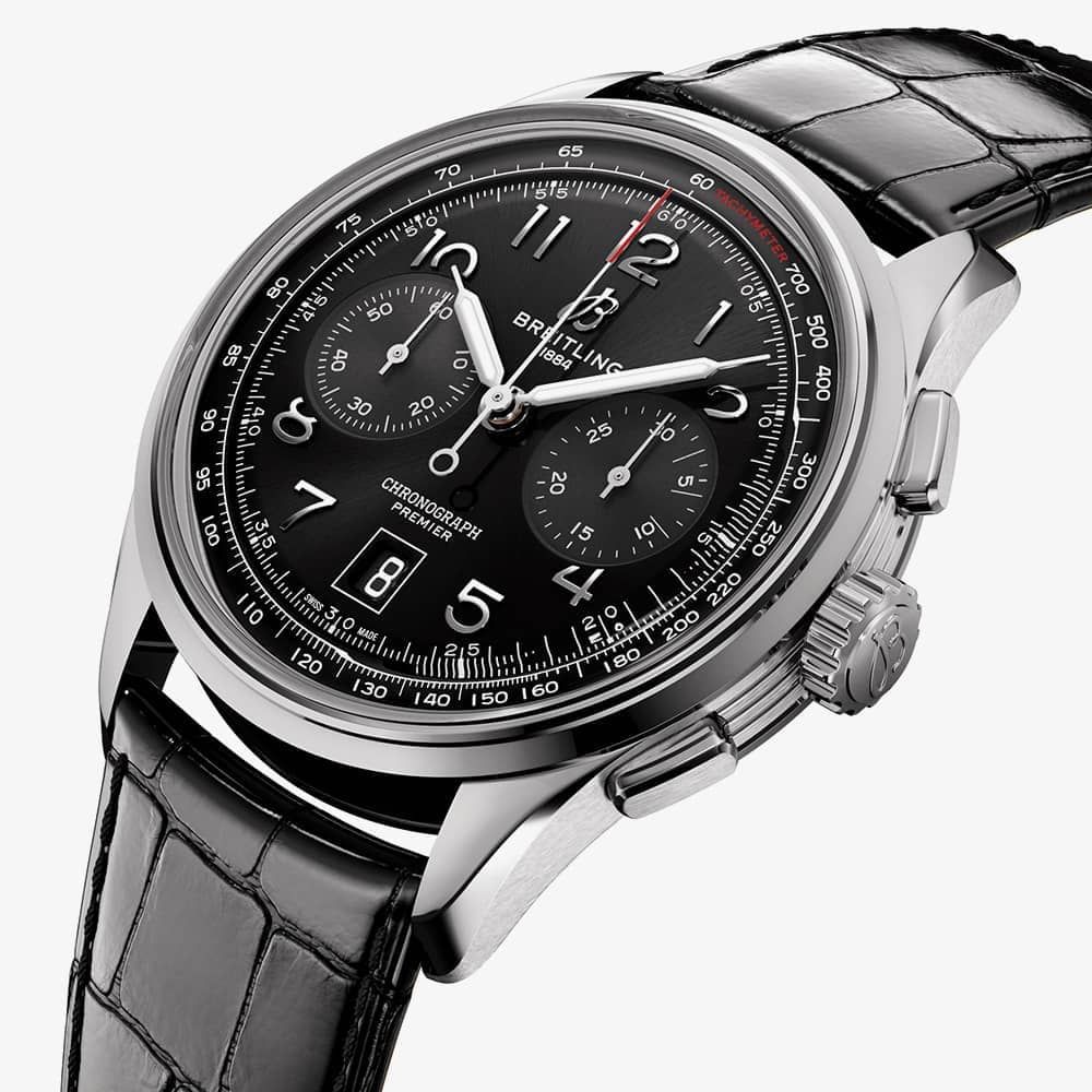 Breitling Premier B01 Chronograph 42 Black Dial Black Leather Strap Watch for Men - AB0145221B1P1 Buy Now By Breitling