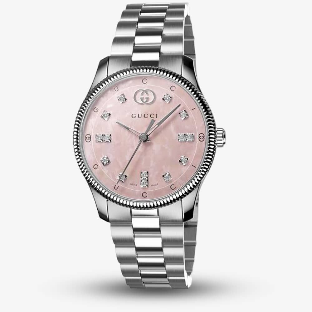 Gucci G Timeless Diamonds Mother of Pearl Pink Dial Silver Steel Strap Watch for Women - YA1265062 Buy Now By Gucci