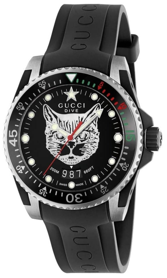 Gucci Dive Feline Black Dial Black Rubber Strap Watch For Men - YA136320 Buy Now By Gucci