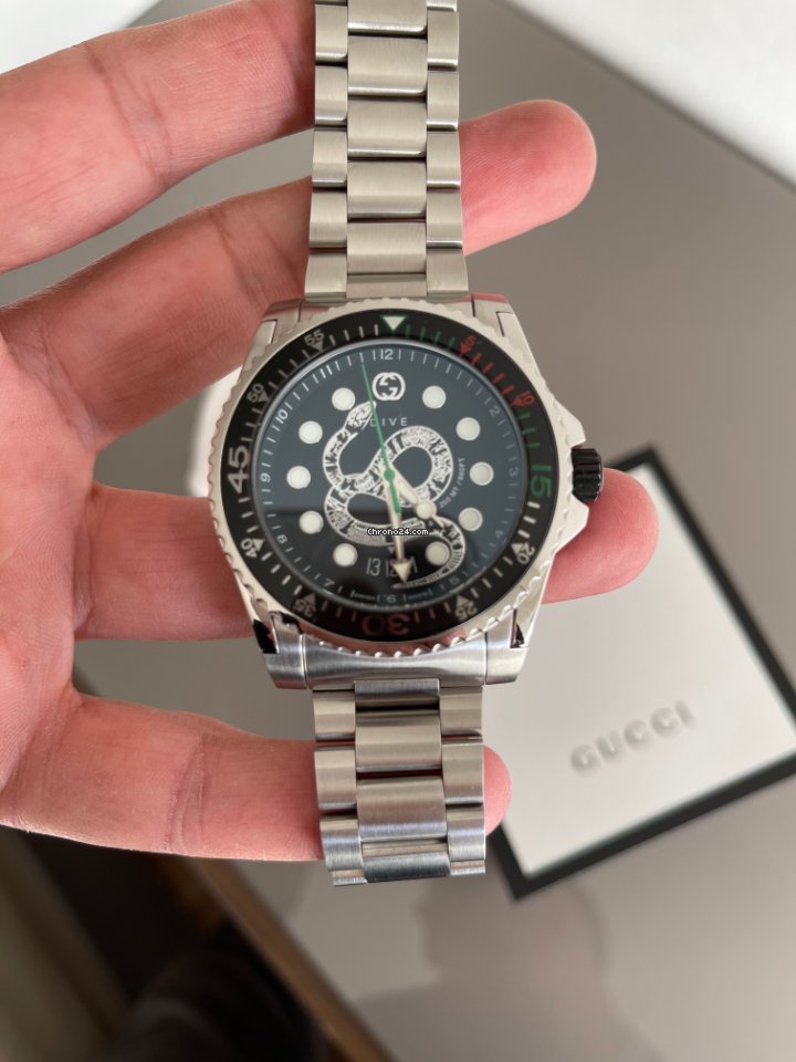 Gucci Dive Snake Black Dial Silver Steel Strap Watch For Men - YA136218 Buy Now By Gucci