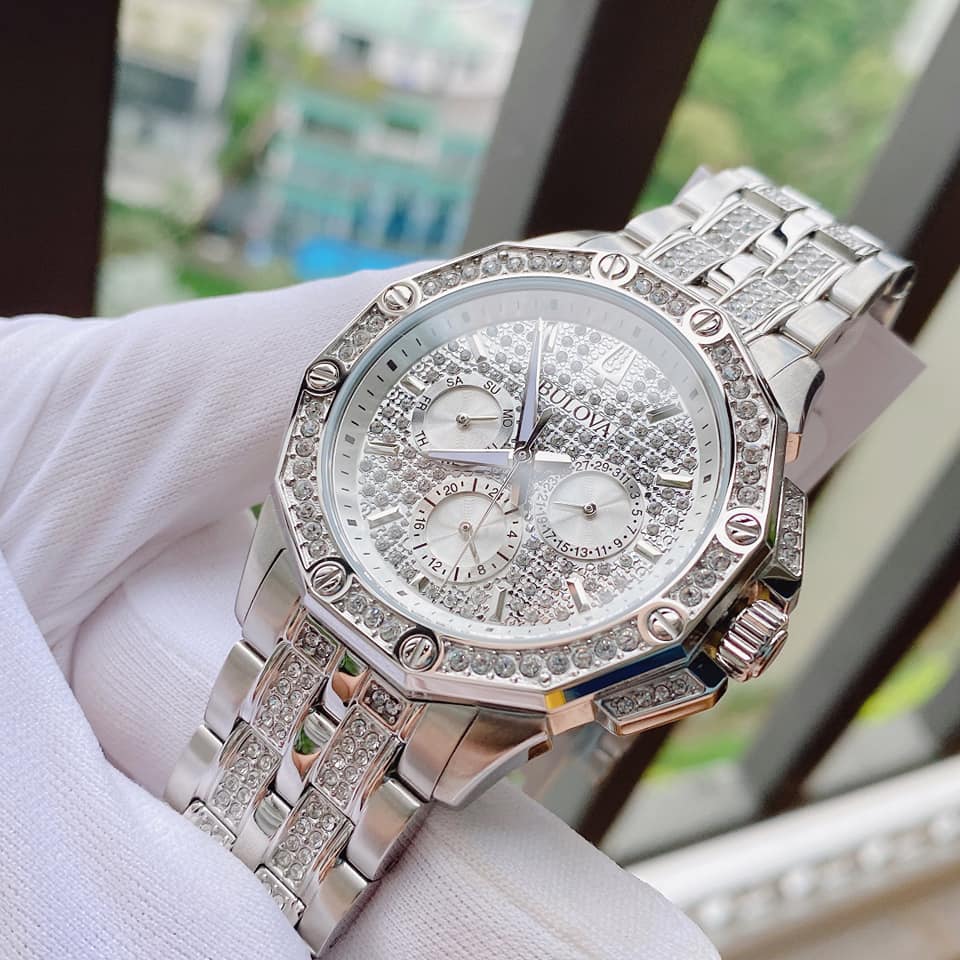 Bulova Crystal Collection Pave Silver Dial with Crystals Silver Steel Strap Watch for Men - 96C134 Buy Now By Bulova