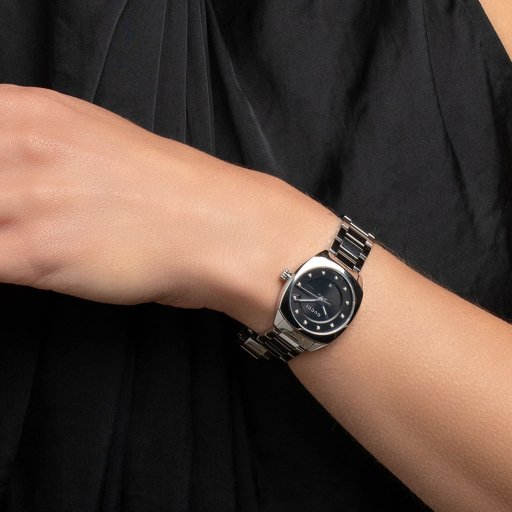 Gucci GG2570 Diamonds Black Dial Silver Steel Strap Watch For Women - YA142503 Buy Now By Gucci