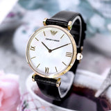 Emporio Armani Gianni T-Bar Quartz Mother of Pearl Dial Black Leather Strap Watch For Women - AR1910 Buy Now By Emporio Armani