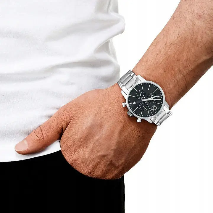 Calvin Klein City Chronograph Black Dial Silver Steel Strap Watch for Men - K2G27143 Buy Now By Calvin Klein