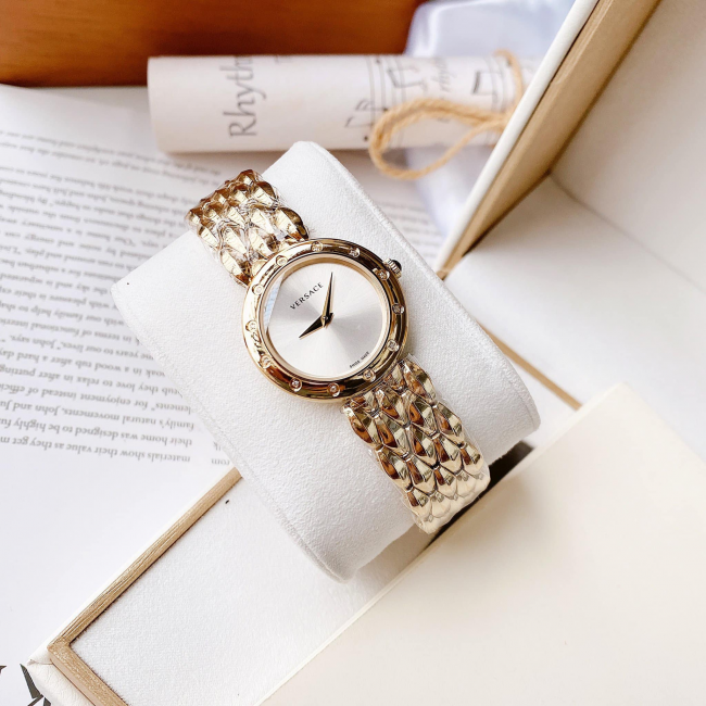 Versace V-Flare Quartz Silver Dial Gold Steel Strap Watch for Women - VEBN00818 Buy Now By Versace