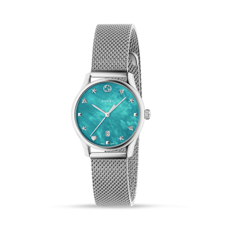 Gucci G-Timeless Turquoise Mother of Pearl Dial Silver Mesh Bracelet Watch For Women - YA126582 Buy Now By Gucci