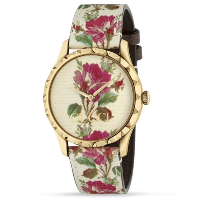 Gucci G Timeless Floral Gold Dial White Leather Strap Watch For Women - YA1264084 Buy Now By Gucci