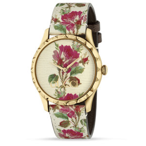 Gucci G Timeless Floral Gold Dial White Leather Strap Watch For Women - YA1264084 Buy Now By Gucci