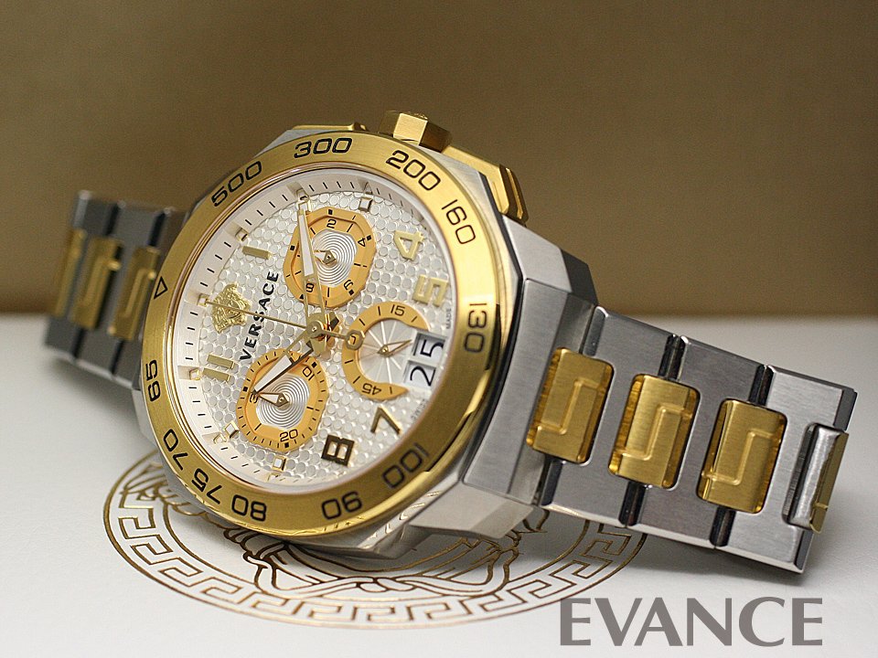 Versace Dylos Chronograph Silver Dial Two Tone Steel Strap Watch for Men - VQC030015 Buy Now By Versace