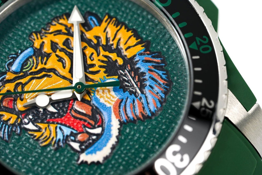 Gucci Dive Tiger Green Dial Green Rubber Strap Watch For Men - YA136316 Buy Now By Gucci