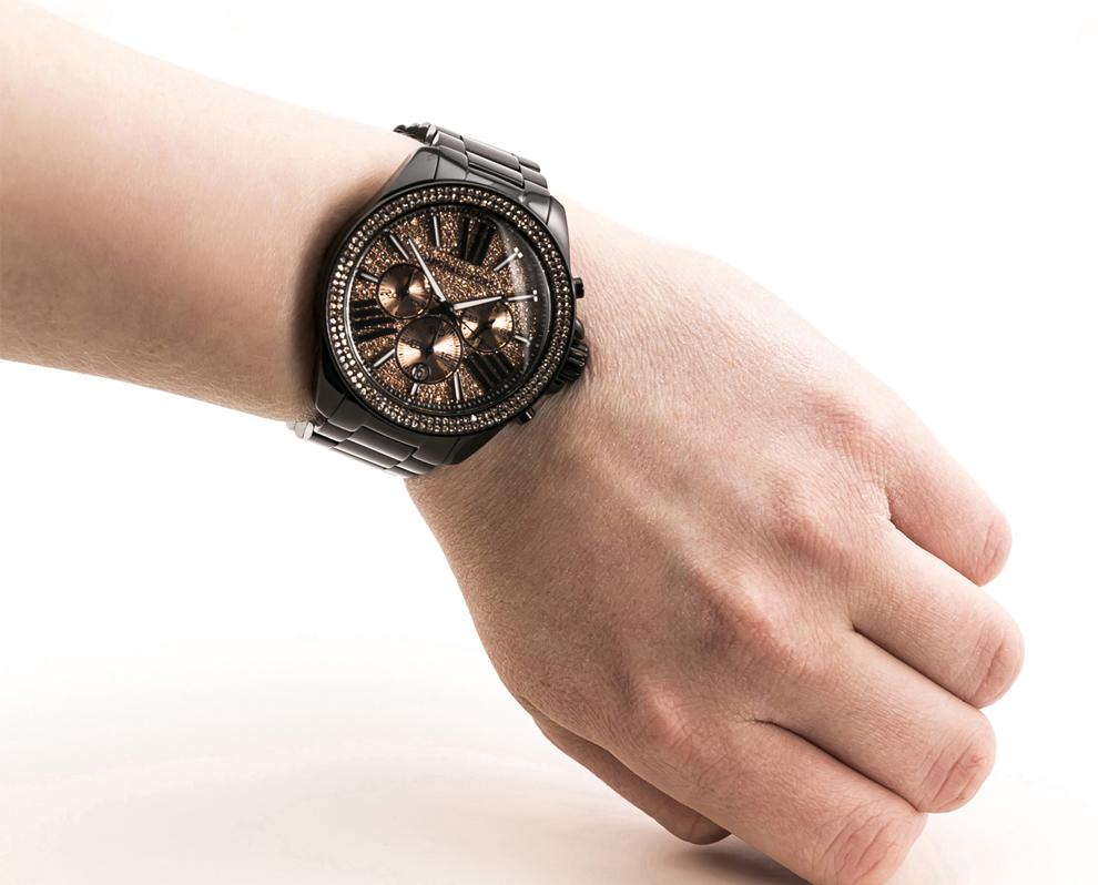 Michael Kors Wren Chronograph Gold Diamonds Dial Black Steel Strap Watch for Women - MK5879 Buy Now By Michael Kors