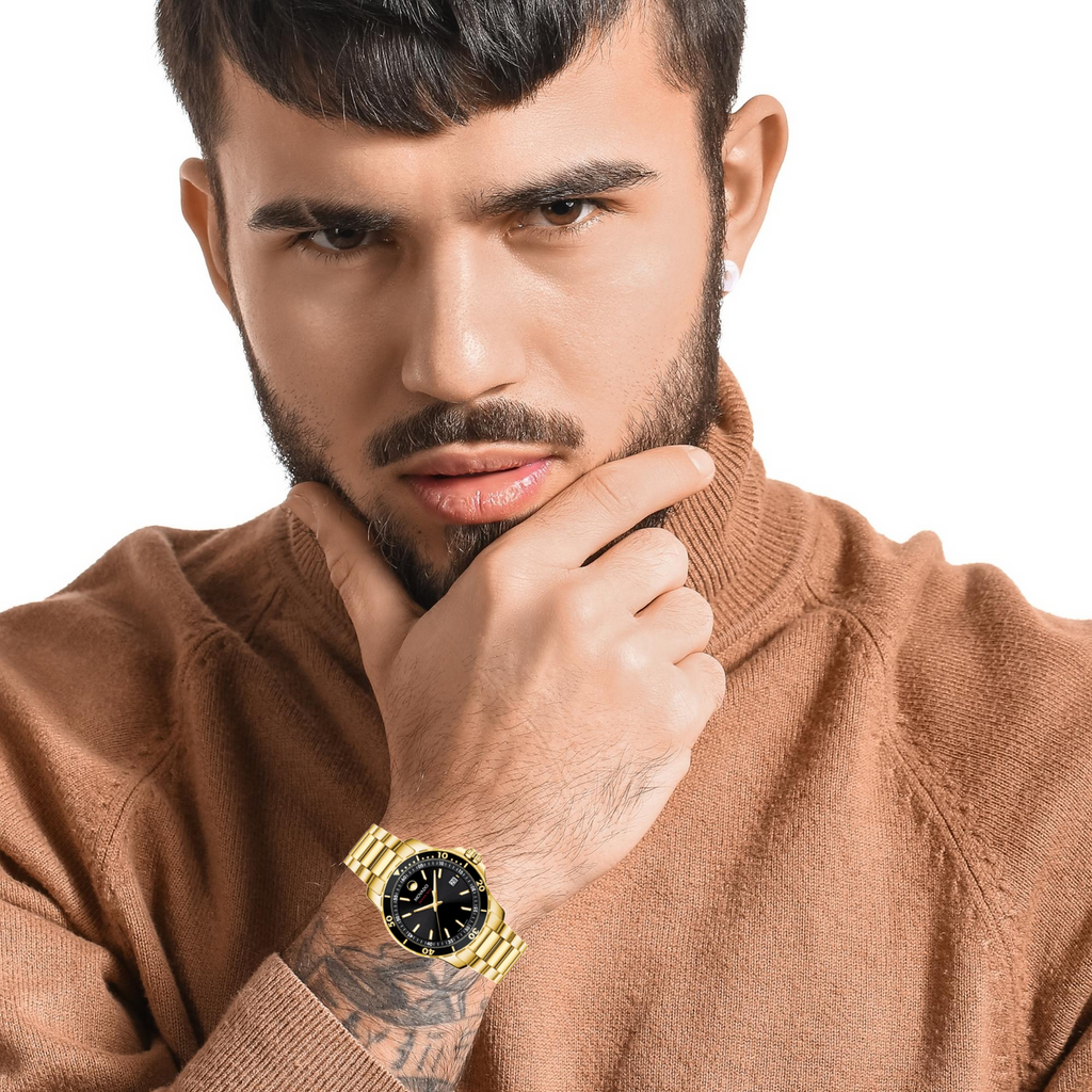 Movado Series 800 Black Dial Gold Steel Strap Watch For Men - 2600145 Buy Now By Movado