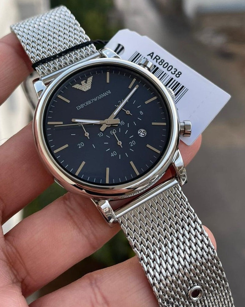 Emporio Armani Luigi Chronograph Blue Dial Silver Mesh Bracelet Watch For Men - AR80038 Buy Now By Emporio Armani