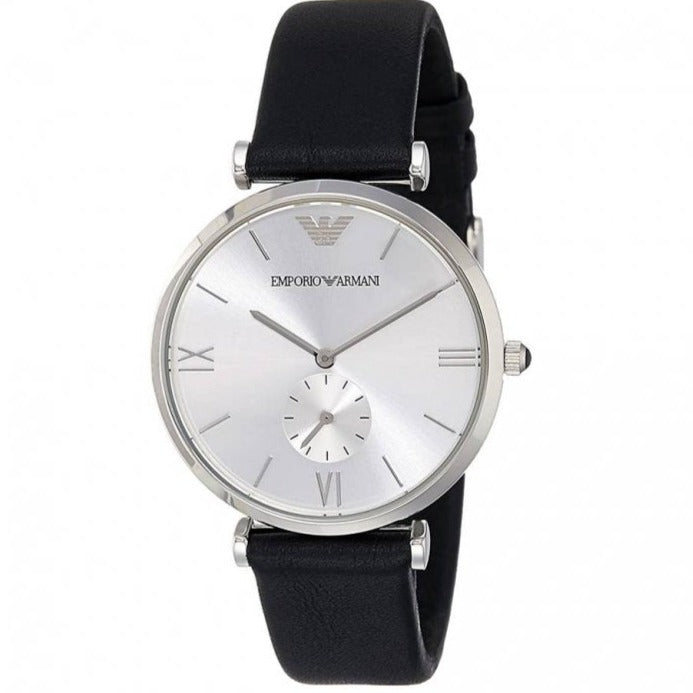 Emporio Armani Retro Analog Quartz Silver Dial Black Leather Strap Watch For Men - AR1674 Buy Now By Emporio Armani